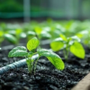Young plants in a greenhouse. Healthy seedlings, vibrant green leaves, moist soil, and drip irrigation system