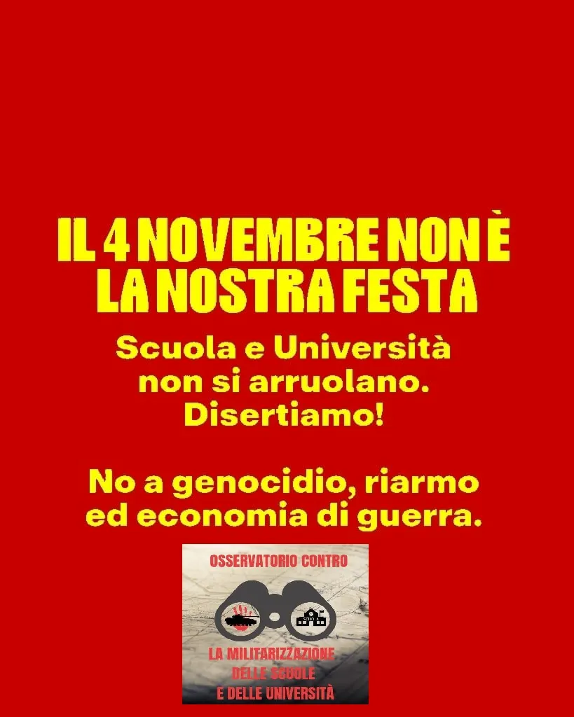Il 4 novembre non è la nostra festa! Appello dell’Osservatorio contro la militarizzazione